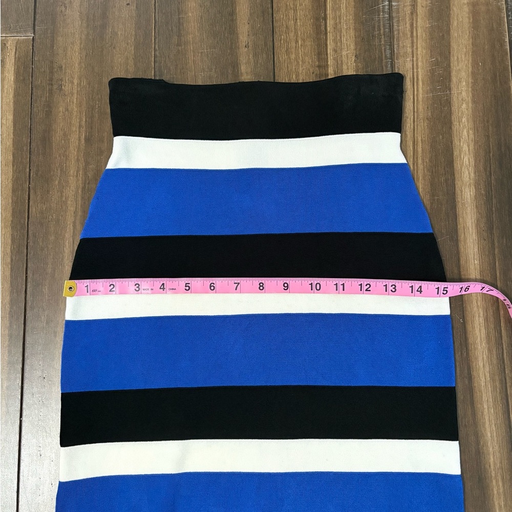 INC Sz S Mini Bodycon Skirt Blue Black & White Striped Stretchy Zip Up High Rise - Picture 3 of 9